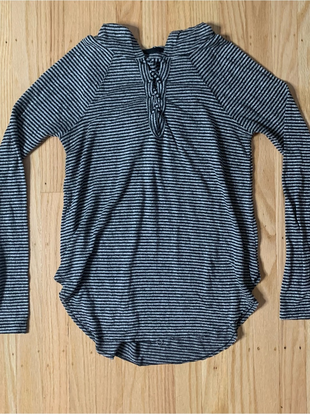 American Eagle Soft and Sexy Plush Black and Grey Striped Hooded Top